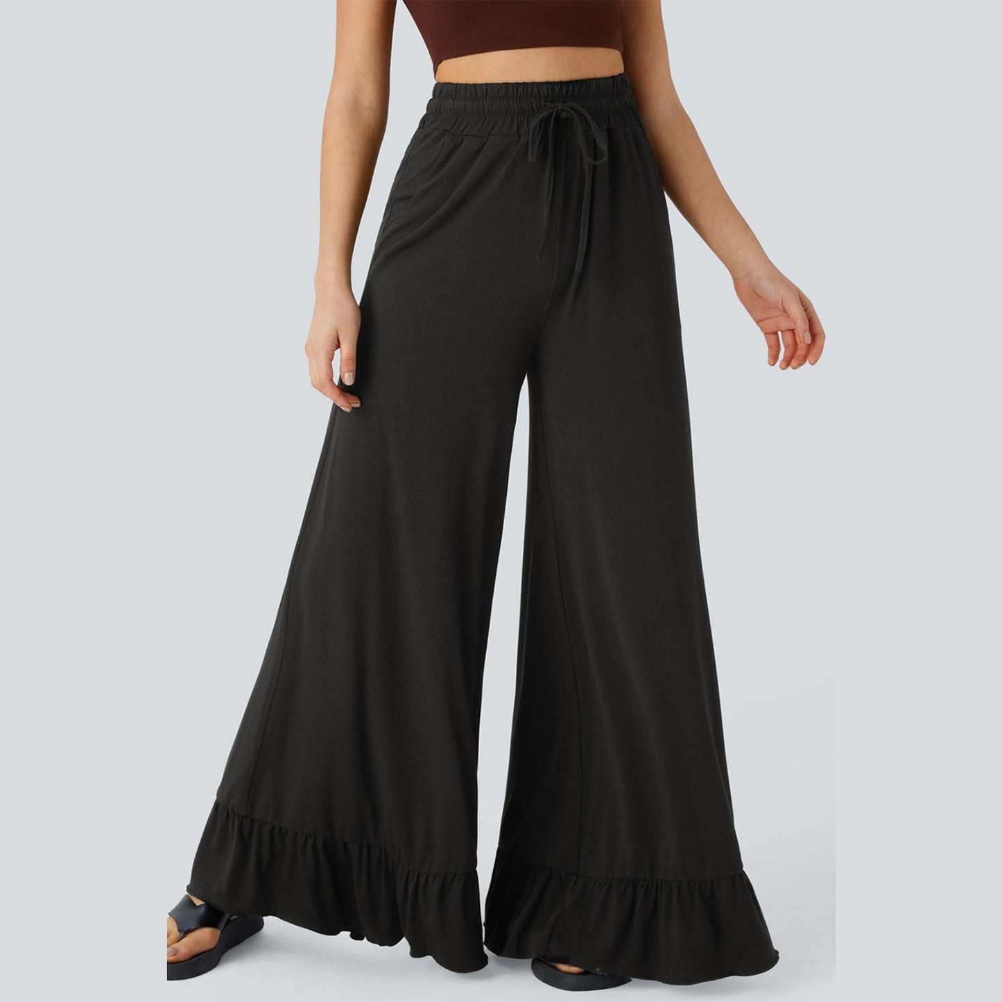 Kendria Black Ruffled Wide Leg Pull On High Waist Pants with Pockets