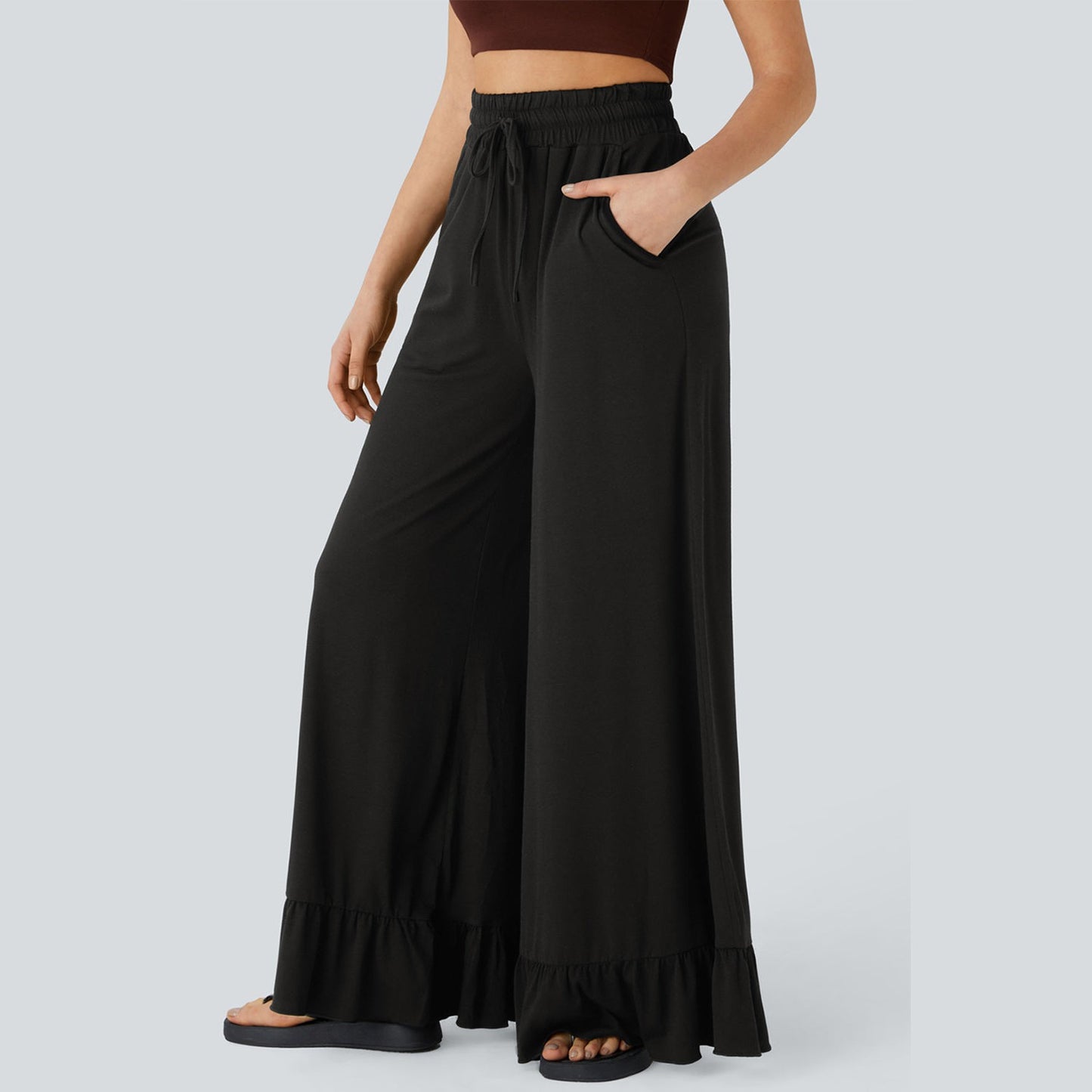 Kendria Black Ruffled Wide Leg Pull On High Waist Pants with Pockets