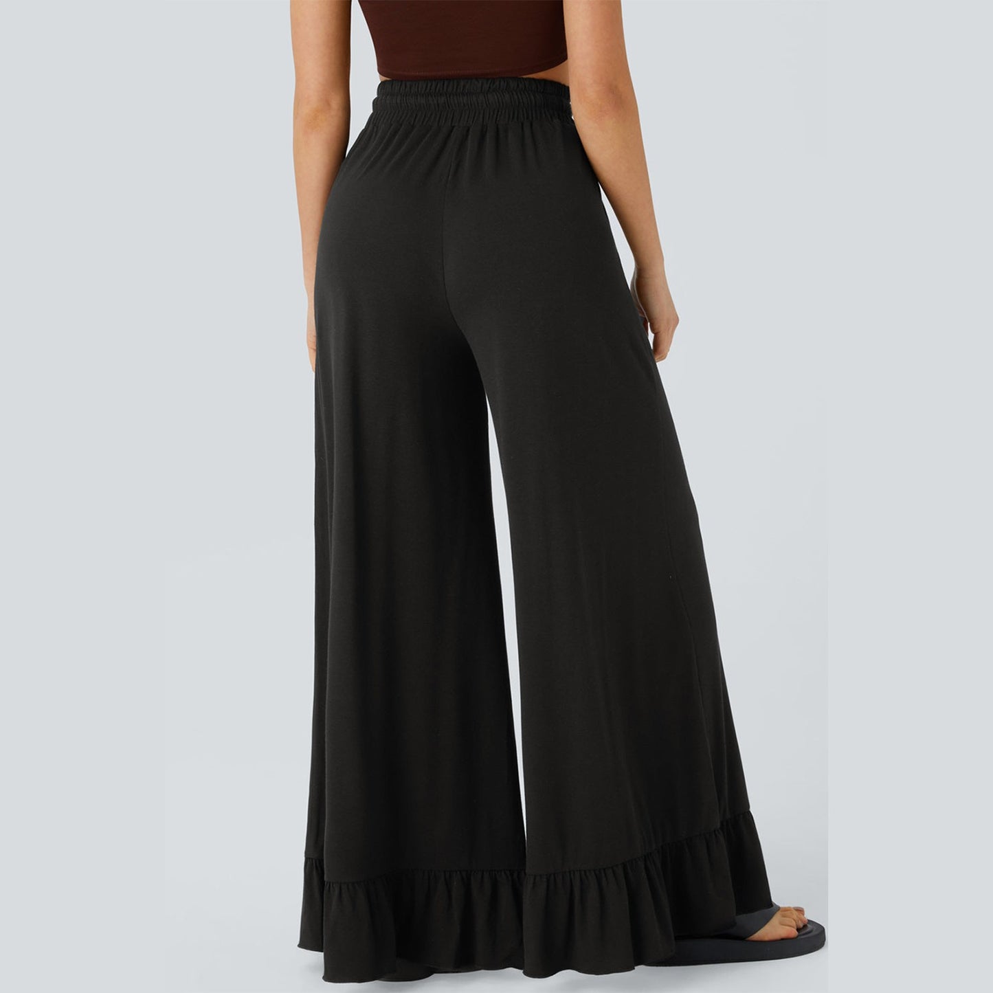 Kendria Black Ruffled Wide Leg Pull On High Waist Pants with Pockets