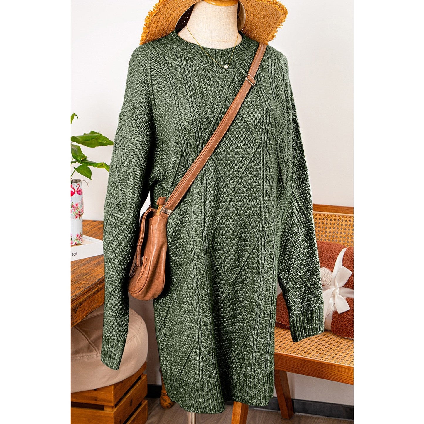 Kenna Green Cable Knit Drop Shoulder Loose Fit Sweater Dress