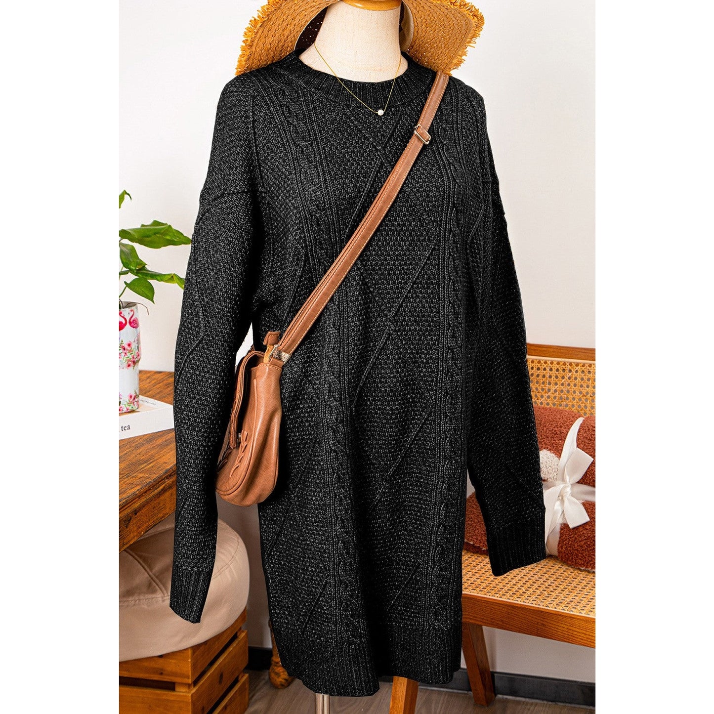 Kenna Black Cable Knit Drop Shoulder Loose Fit Sweater Dress