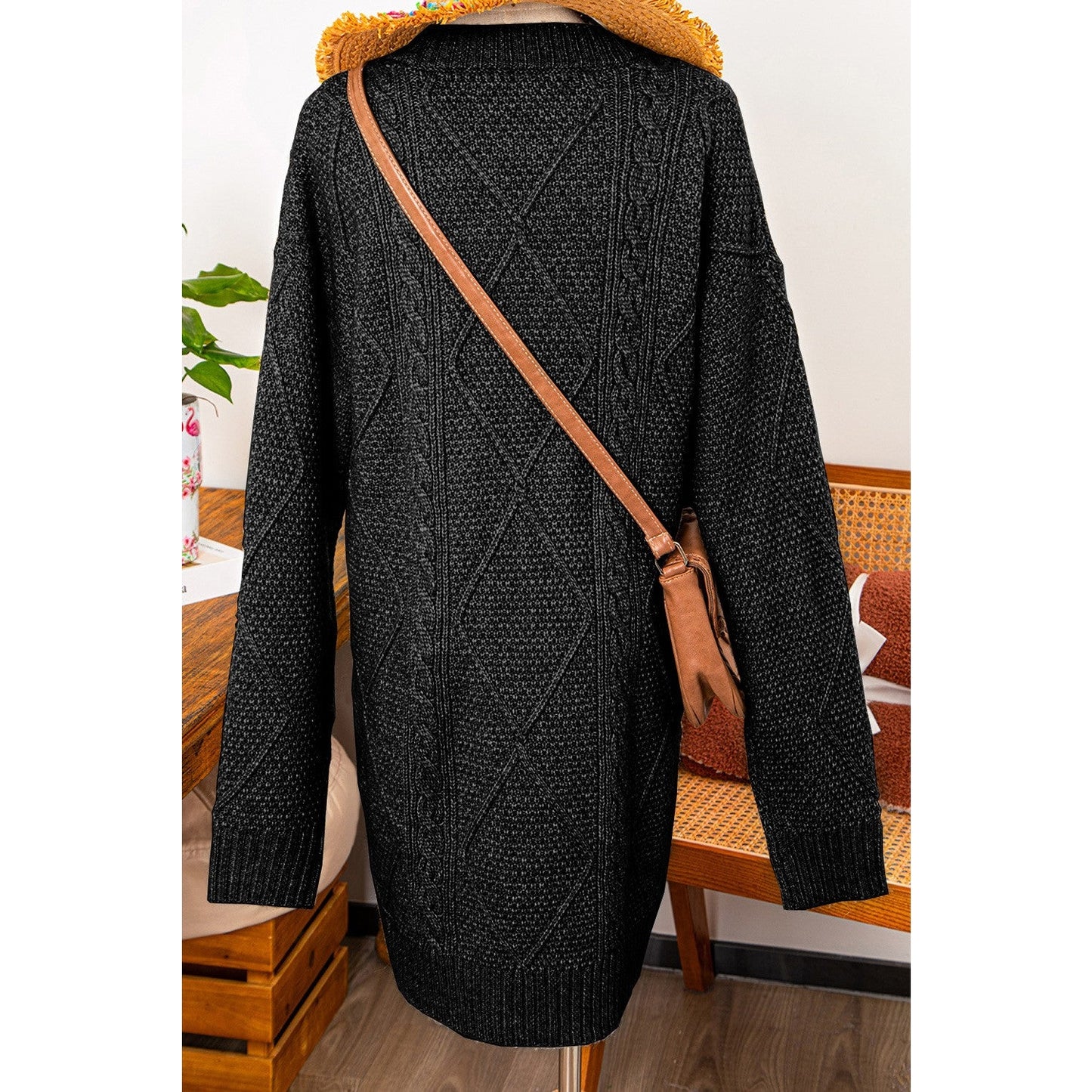 Kenna Black Cable Knit Drop Shoulder Loose Fit Sweater Dress