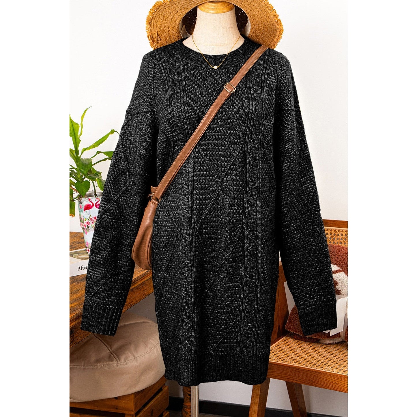 Kenna Black Cable Knit Drop Shoulder Loose Fit Sweater Dress