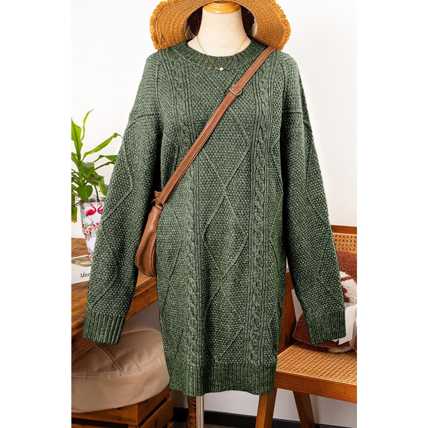 Kenna Green Cable Knit Drop Shoulder Loose Fit Sweater Dress