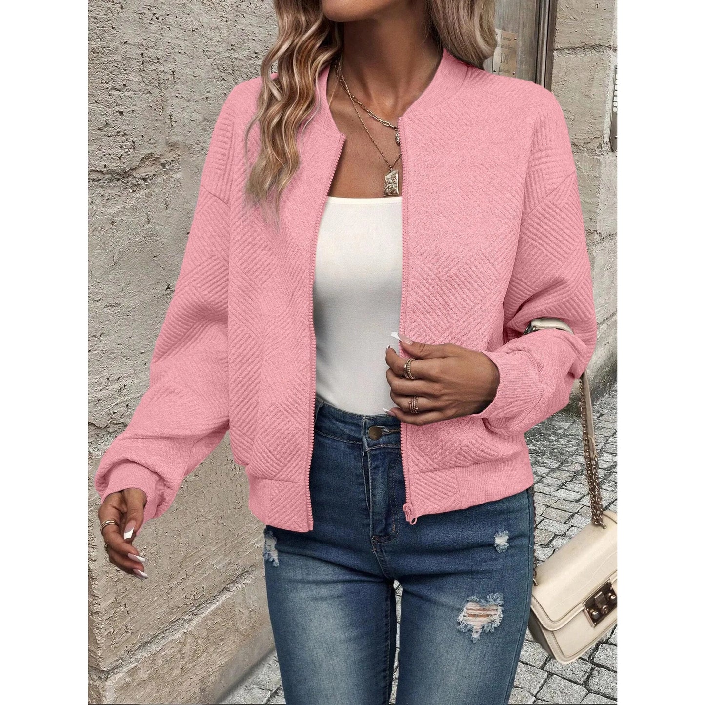 Kenzi Pink Baseball Collar Baseball Jacket