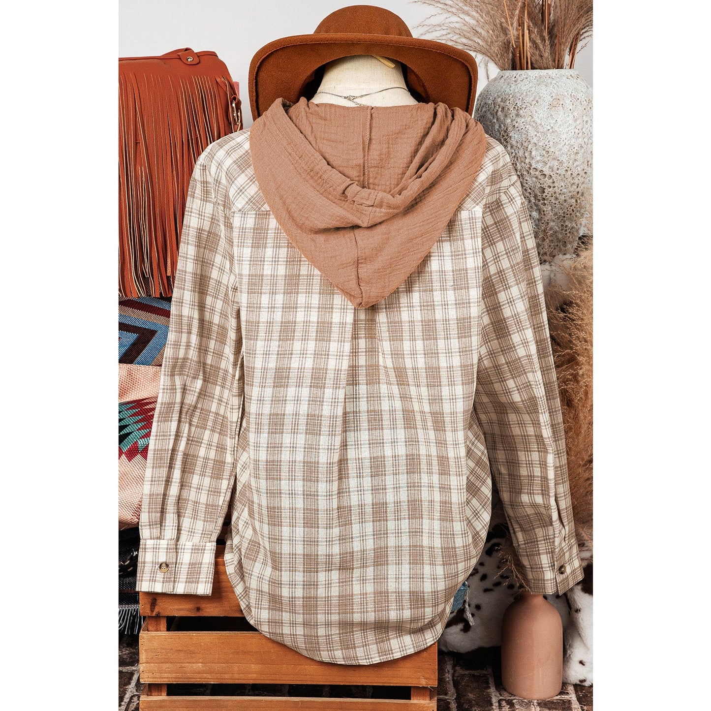 Wisteria Khaki Checkered Print Loose Fit Buttoned Hooded Shacket