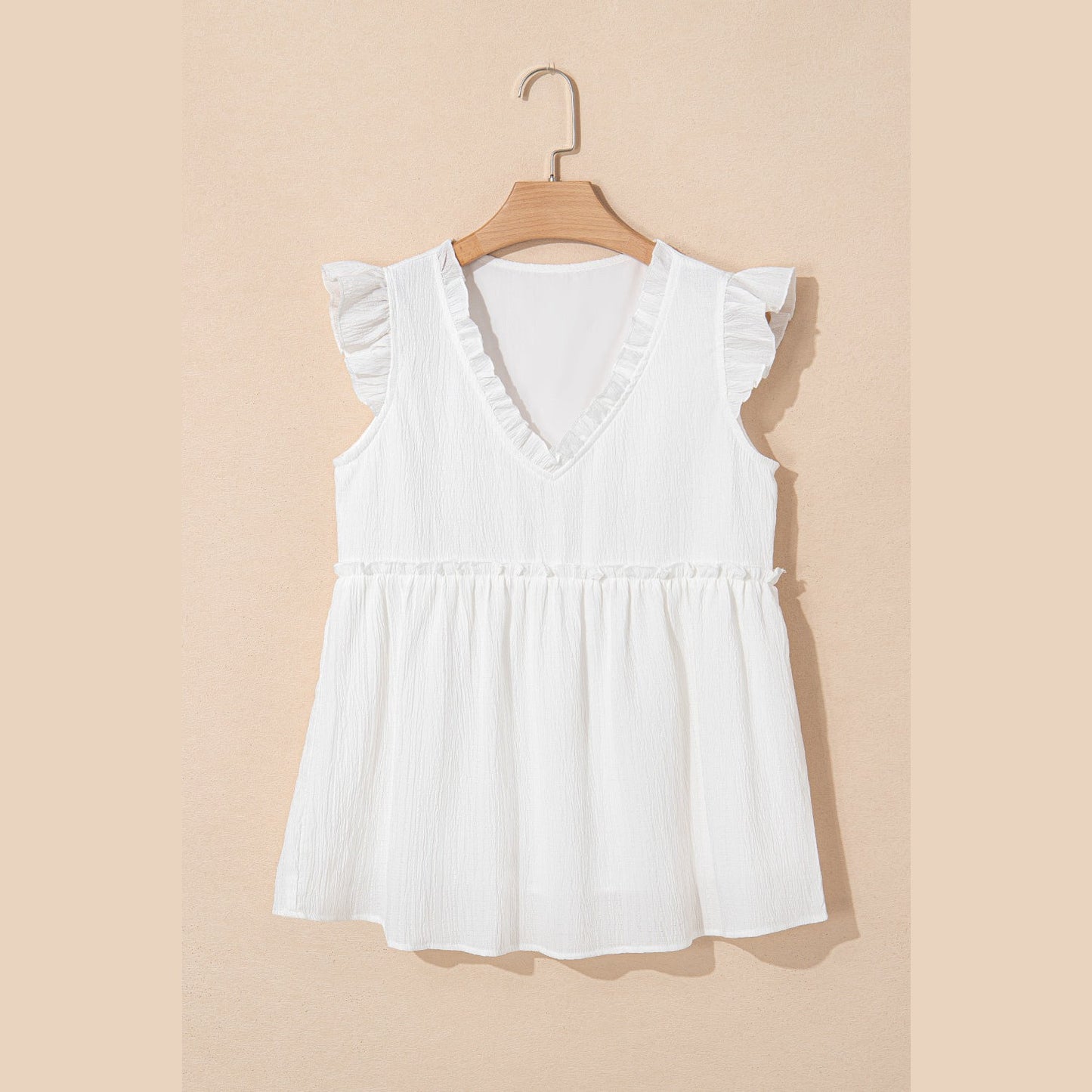 Kimmie White Textured Ruffled Trim V Neck Flutter Flowy Top
