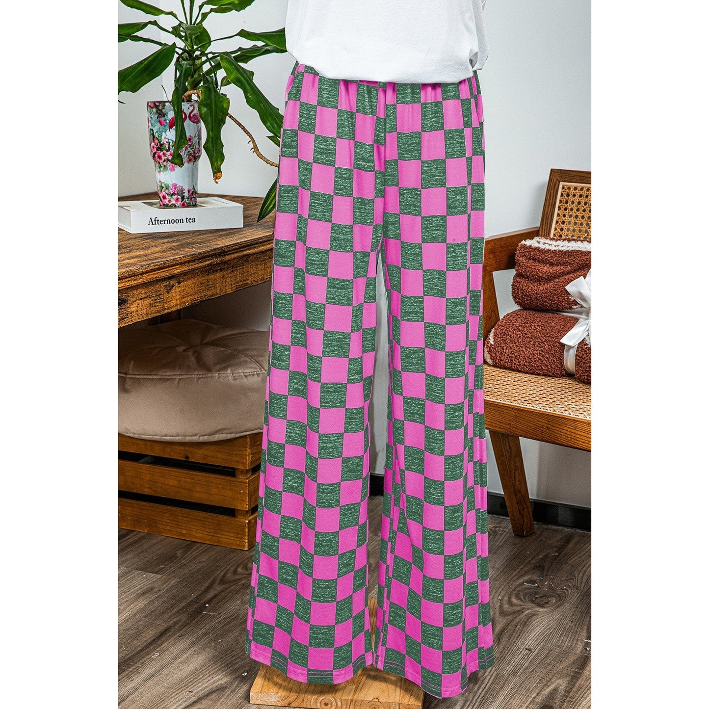 Kinney Green 2-Tone Checked Print High Waist Wide Leg Pants