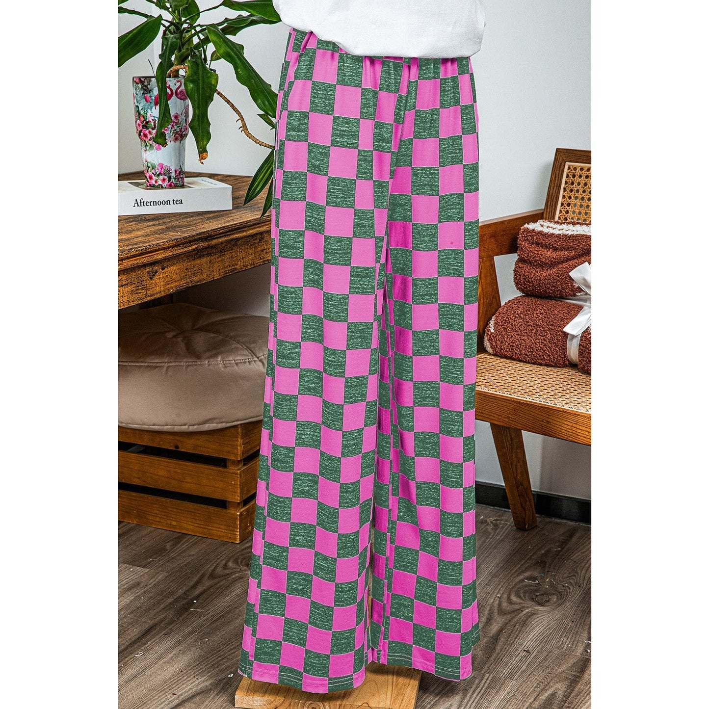 Kinney Green 2-Tone Checked Print High Waist Wide Leg Pants