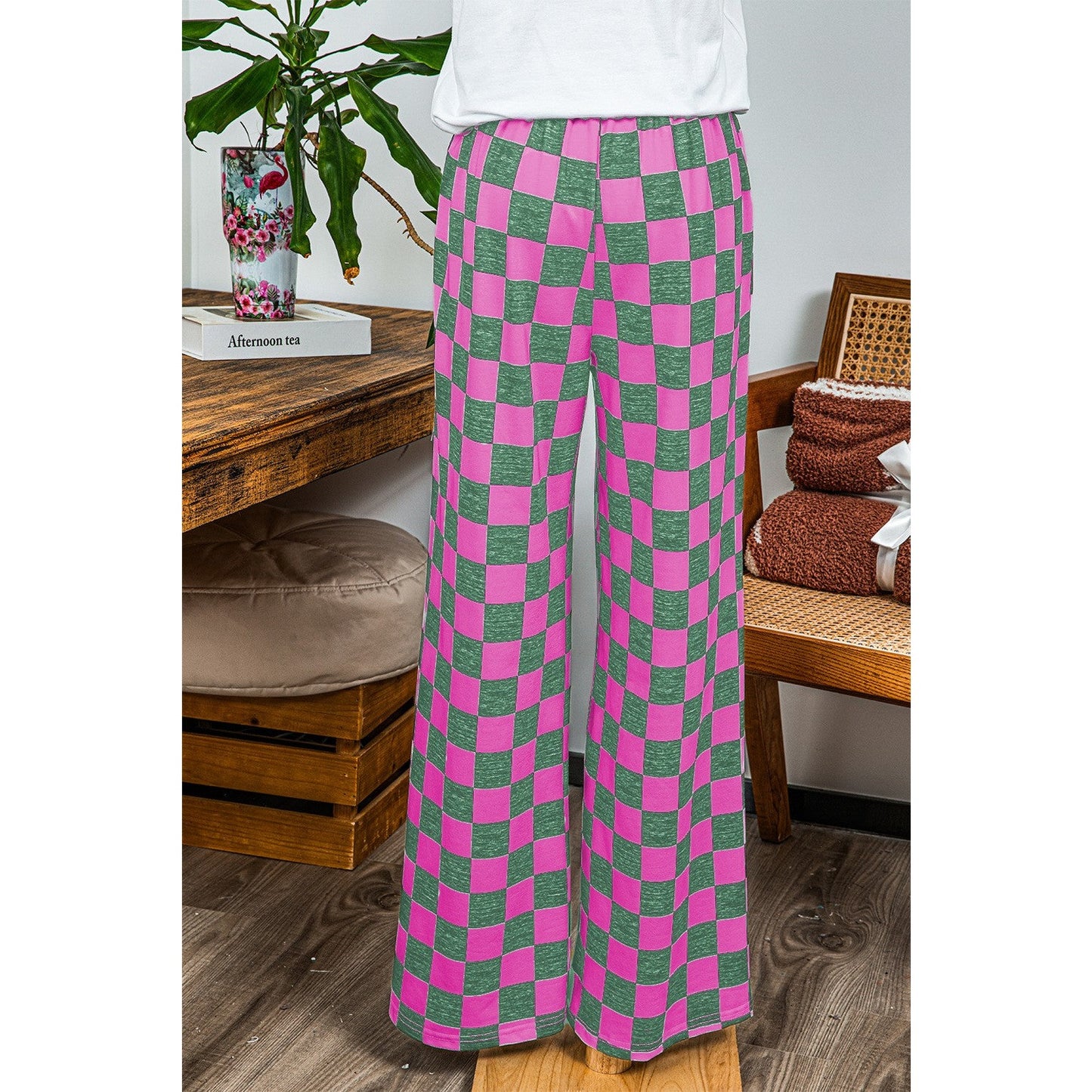 Kinney Green 2-Tone Checked Print High Waist Wide Leg Pants
