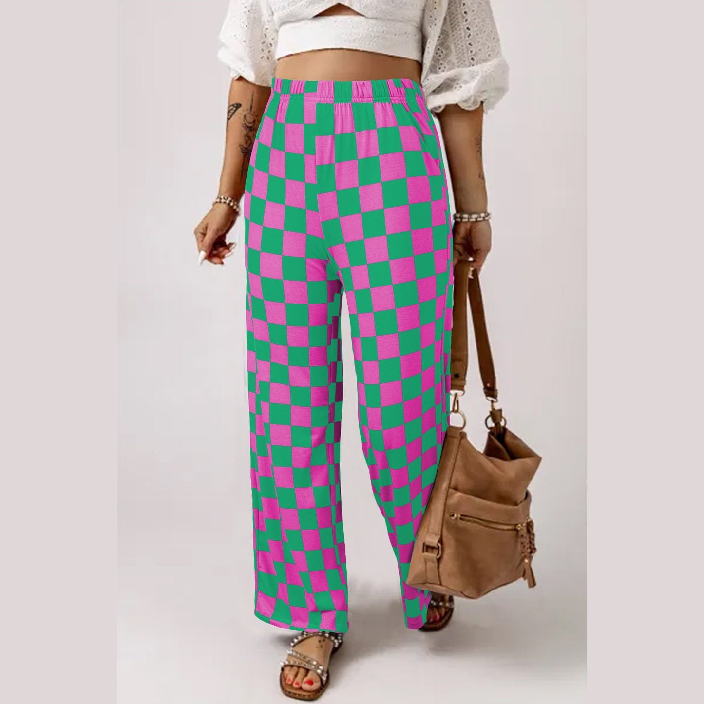 Kinney Green 2-Tone Checked Print High Waist Wide Leg Pants