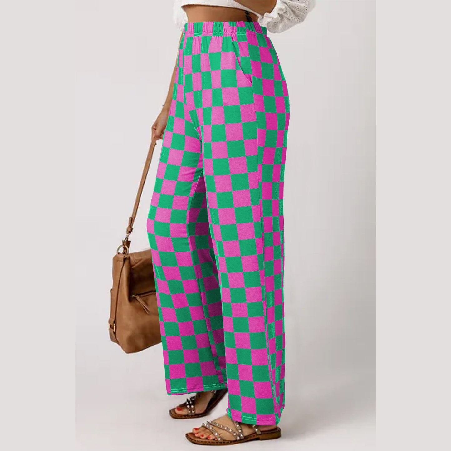 Kinney Green 2-Tone Checked Print High Waist Wide Leg Pants