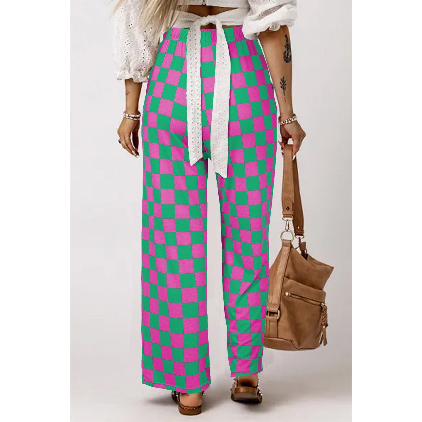 Kinney Green 2-Tone Checked Print High Waist Wide Leg Pants