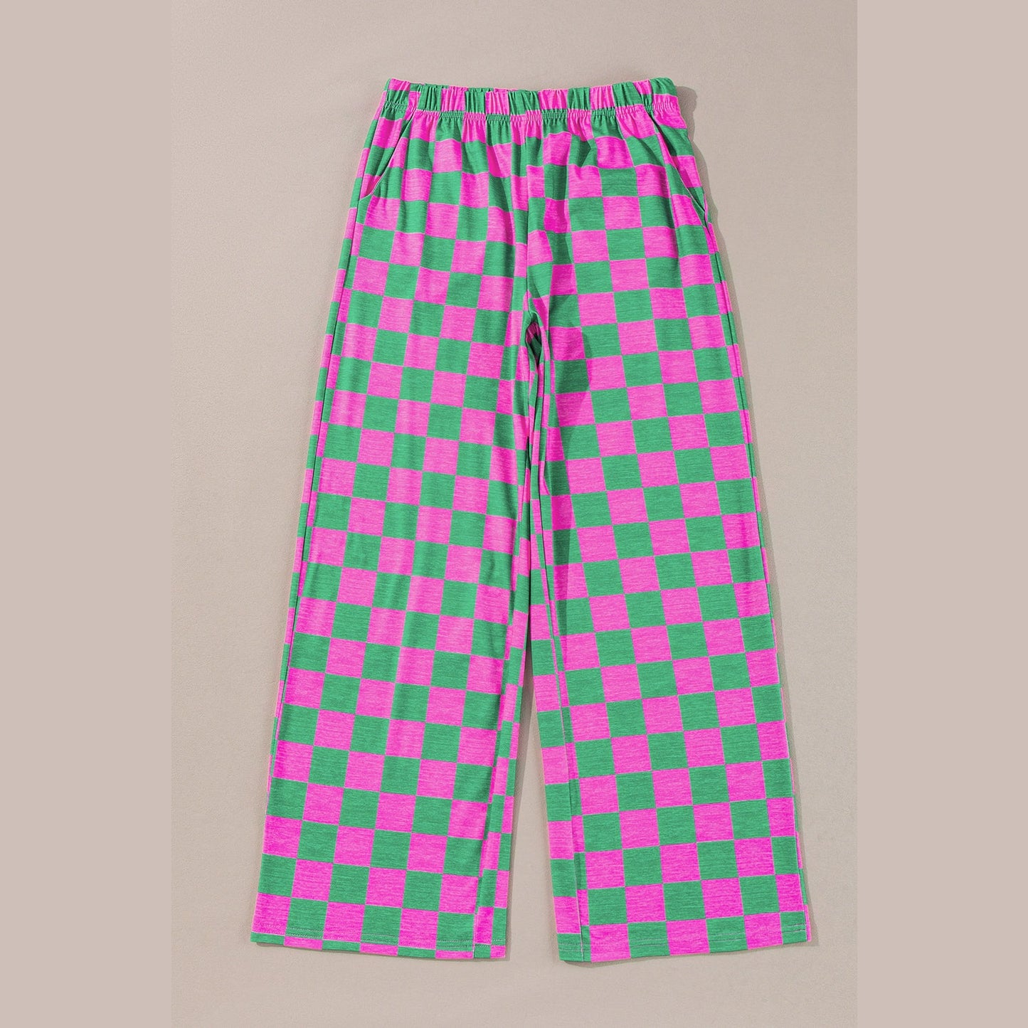 Kinney Green 2-Tone Checked Print High Waist Wide Leg Pants