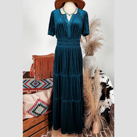 Kinzie Blue Velvet Short Sleeve Shirred Waist Tiered Maxi Dress