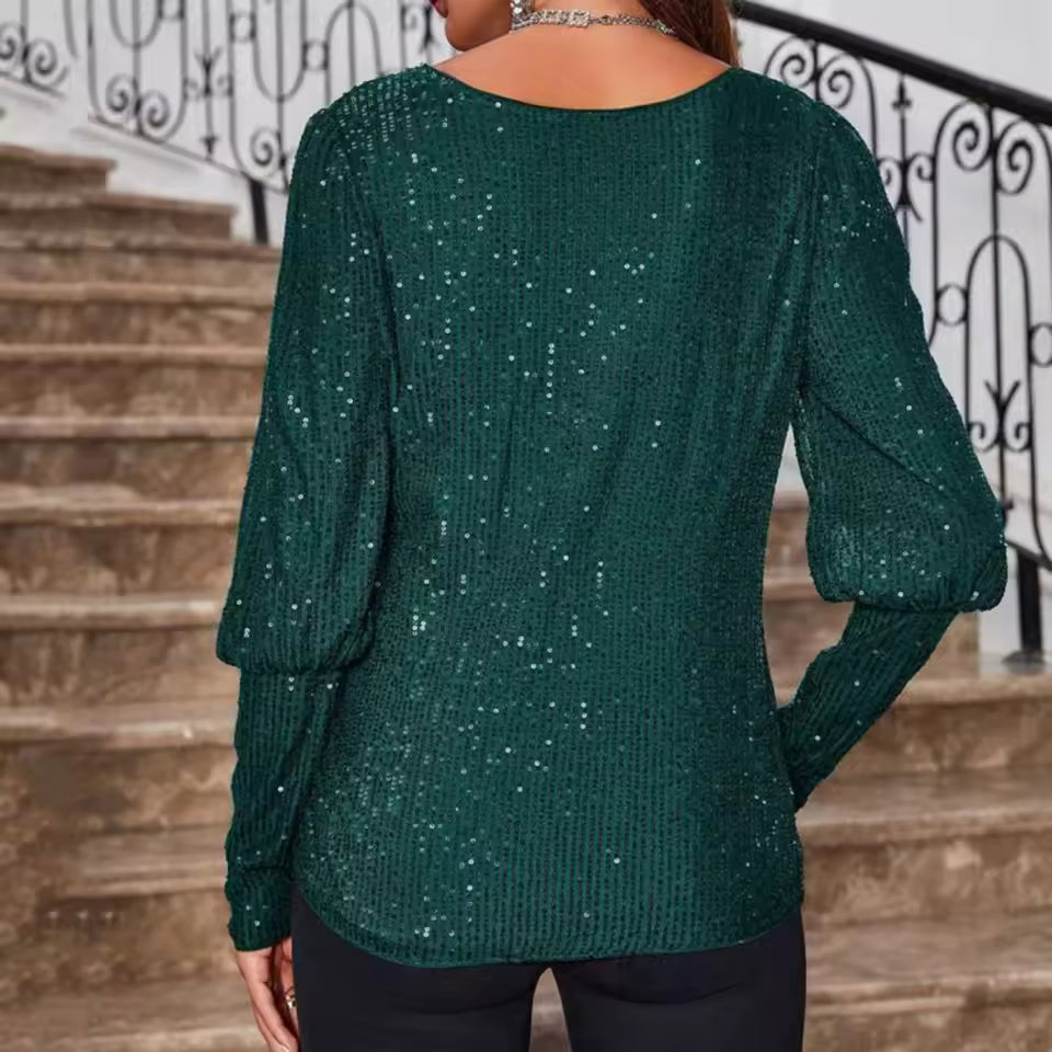 Kirstie Dark Emerald Sequin Puff-Sleeve Blouse
