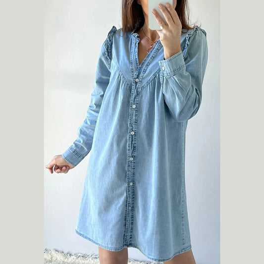 Klair Ruffled V Neck Buttoned Shift Denim Dress