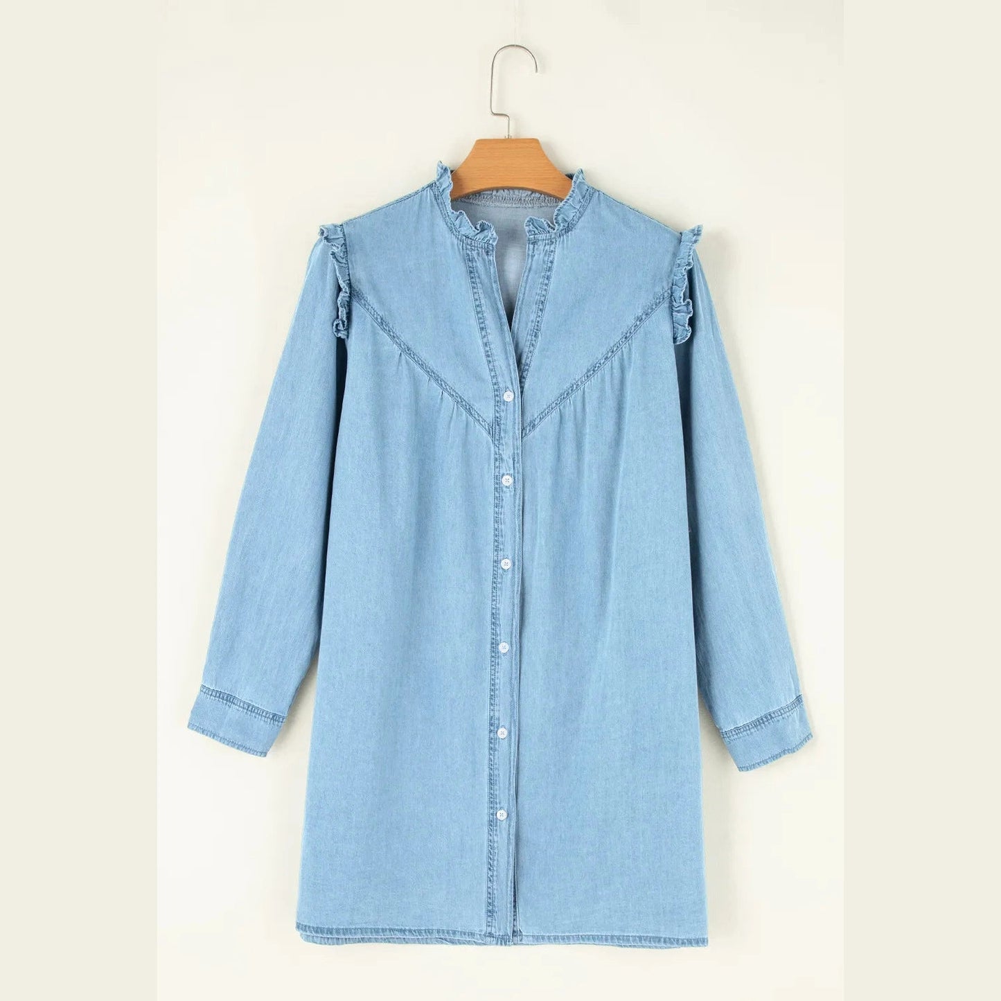 Klair Ruffled V Neck Buttoned Shift Denim Dress