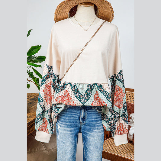 Klaudia Paisley Geometric Patchwork Crew Neck Loose Fit Top