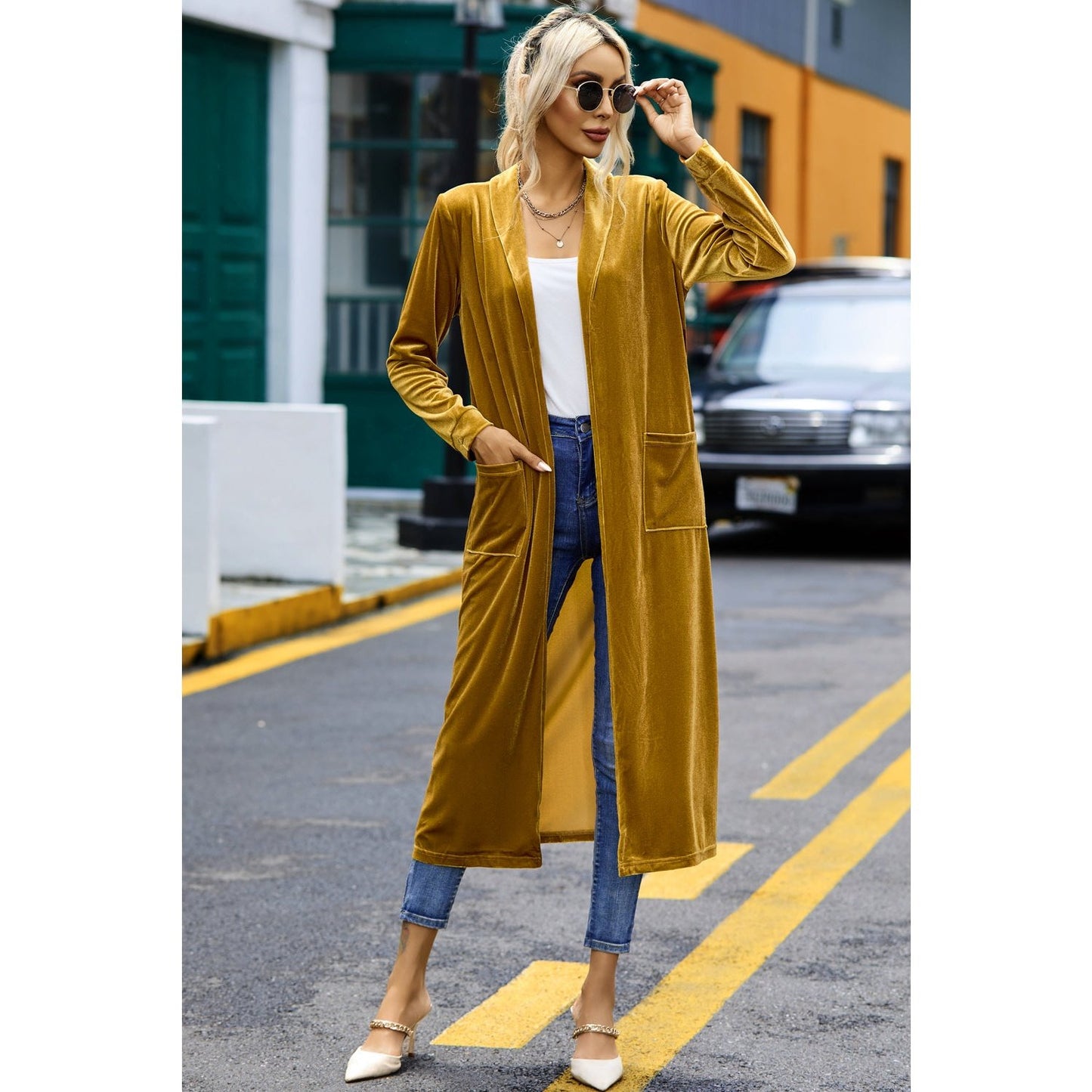 Krista Gold Velvet Open Front Pocketed Long Duster