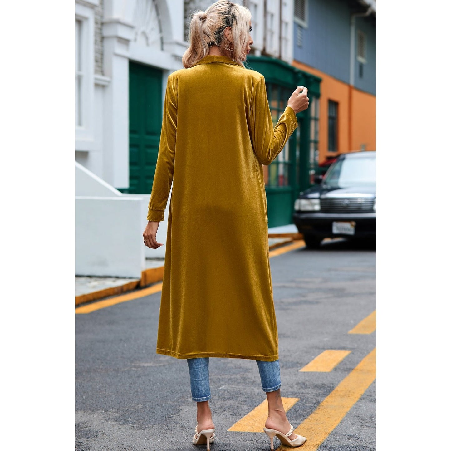 Krista Gold Velvet Open Front Pocketed Long Duster