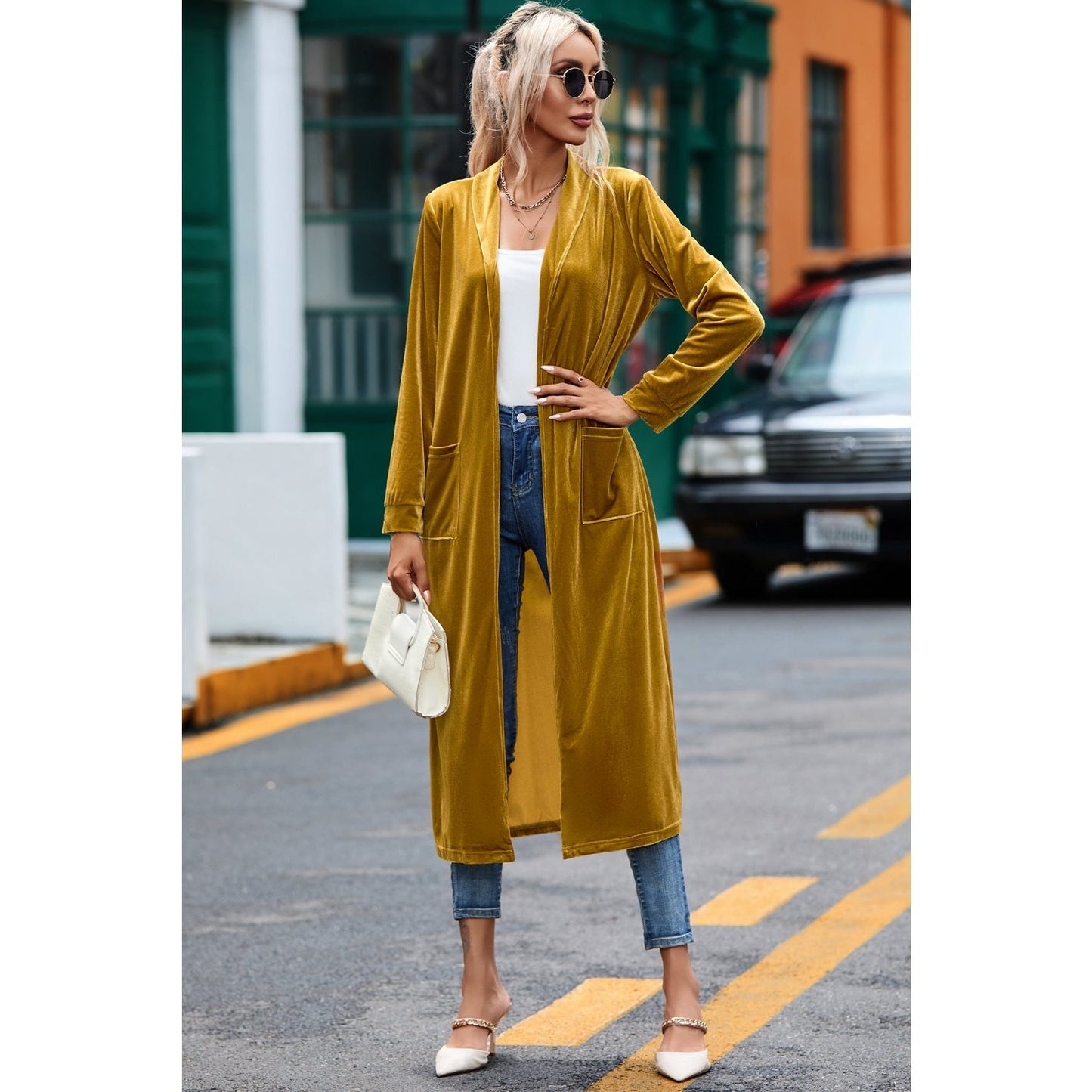 Krista Gold Velvet Open Front Pocketed Long Duster