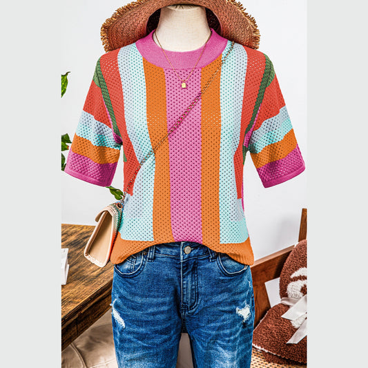Krysta Orange Color Block Eyelet Casual Sweater T Shirt