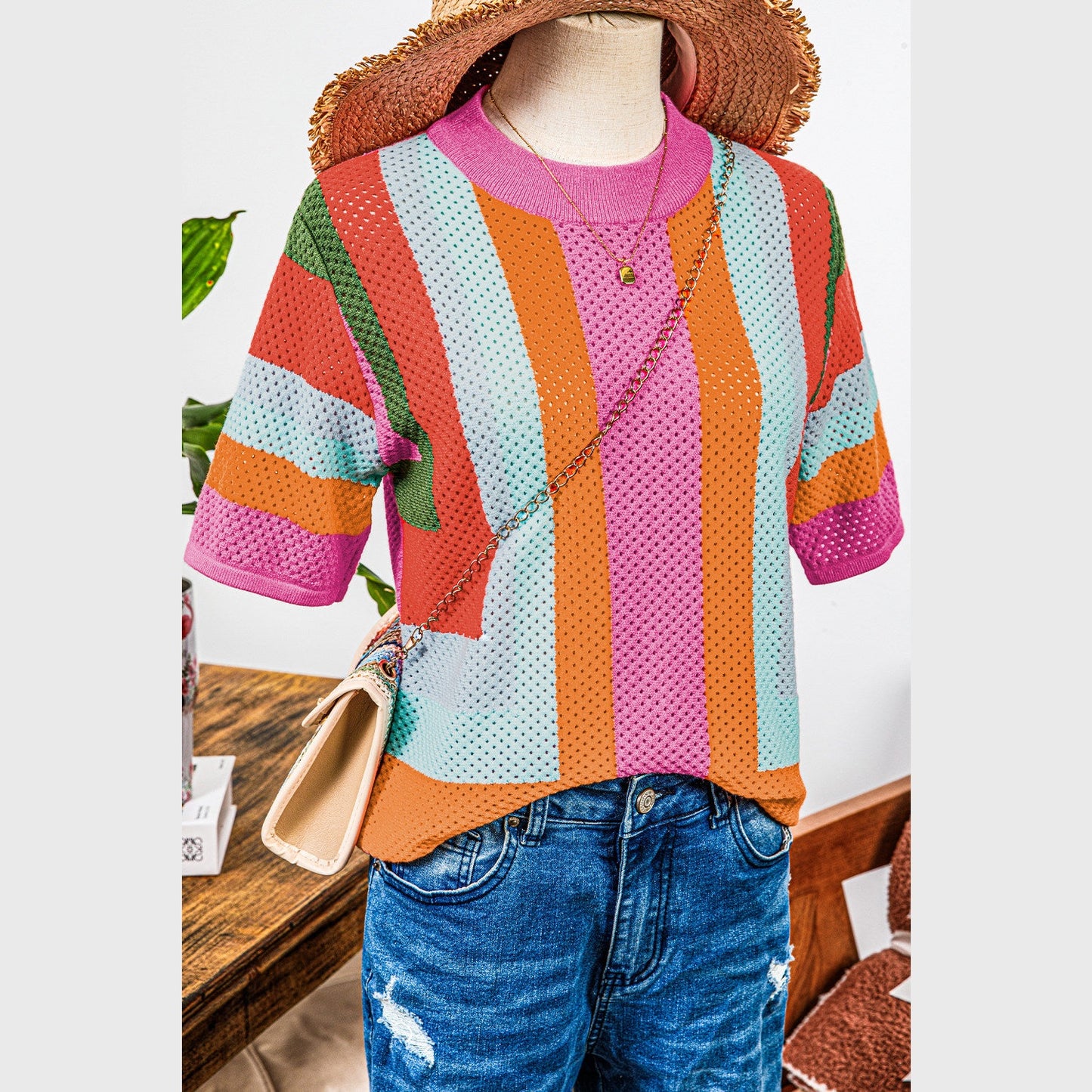 Krysta Orange Color Block Eyelet Casual Sweater T Shirt