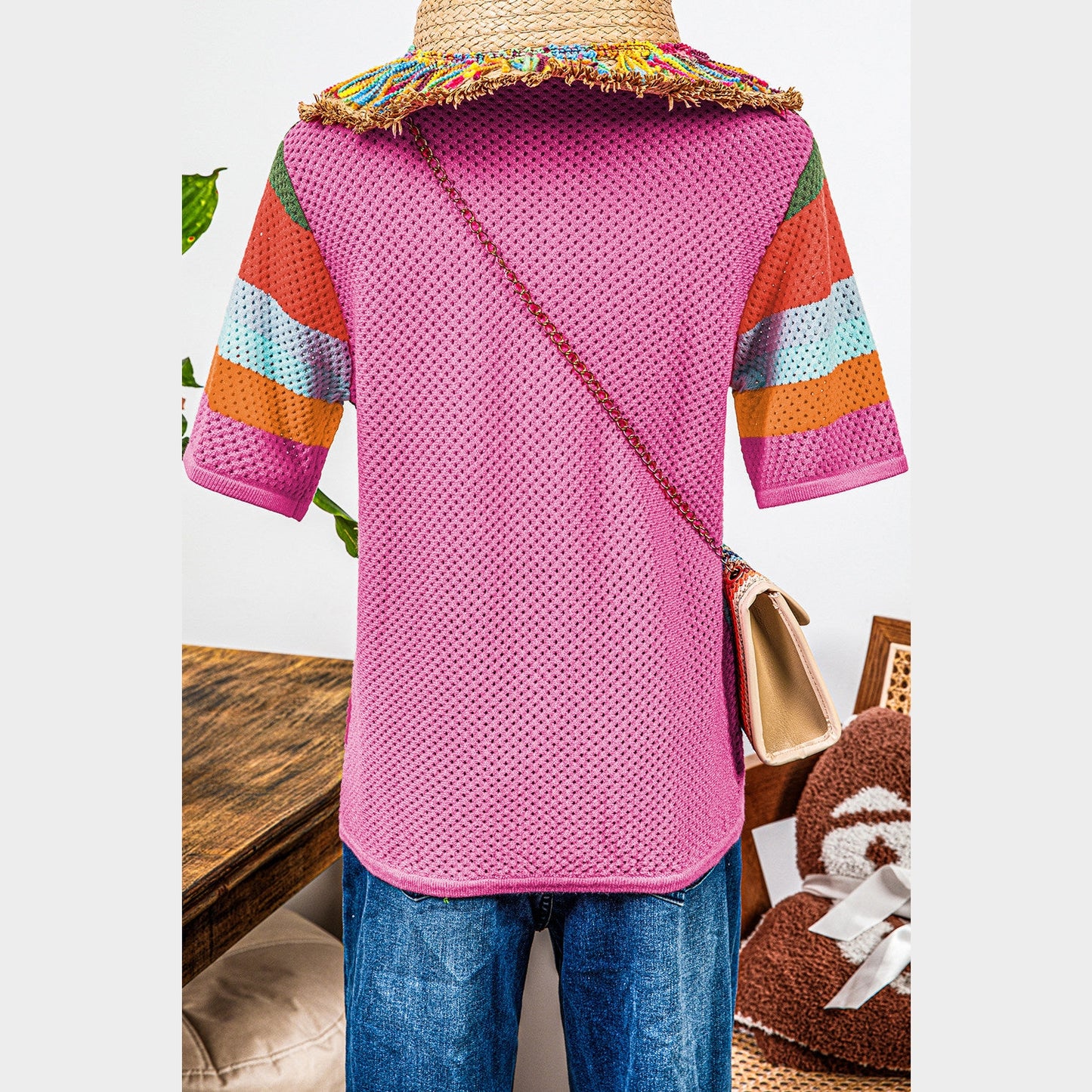 Krysta Orange Color Block Eyelet Casual Sweater T Shirt
