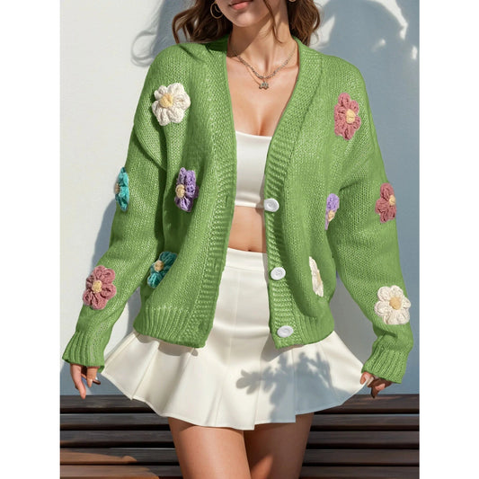 Kylie Green V Neck Floral Patch Button Front Cardigan