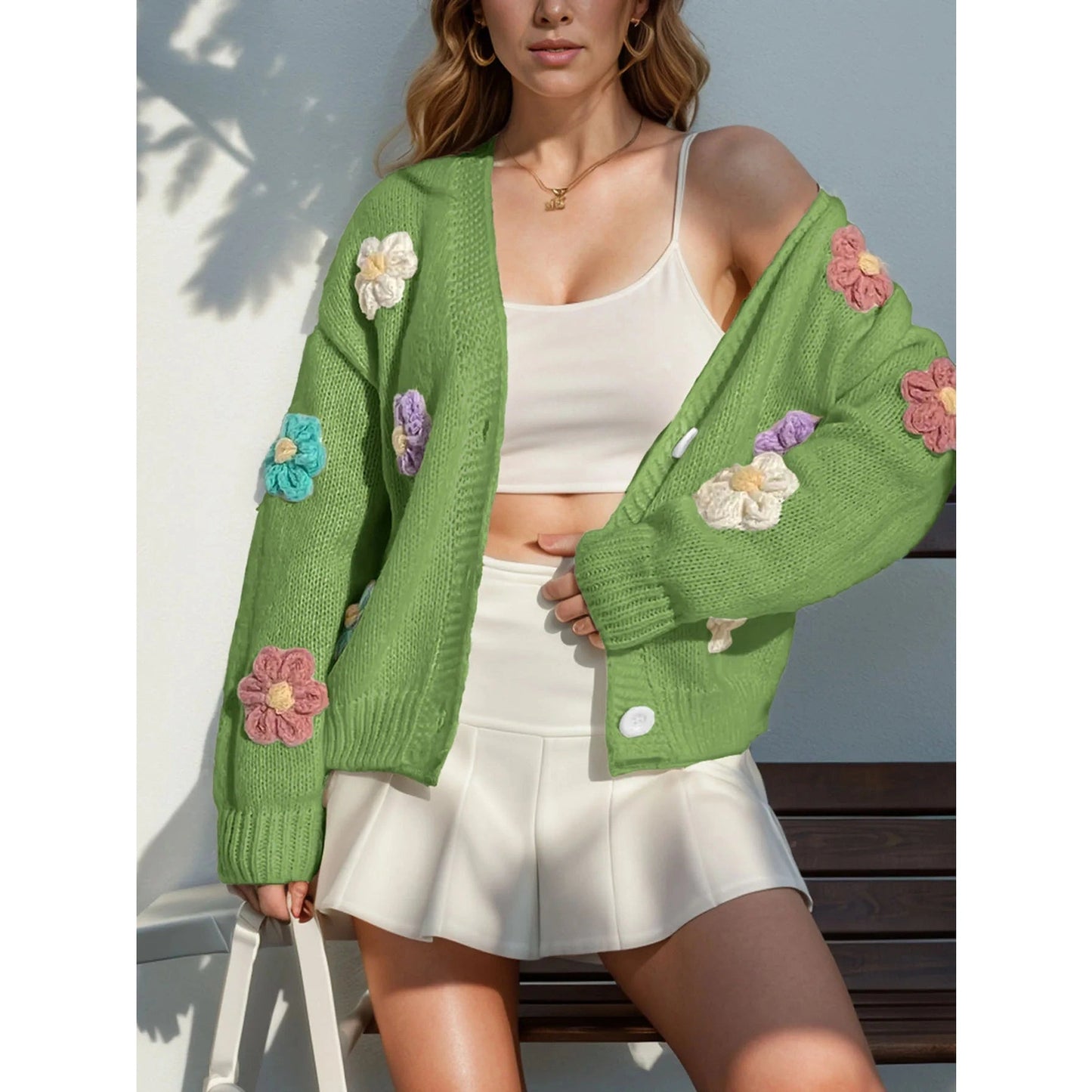 Kylie Green V Neck Floral Patch Button Front Cardigan