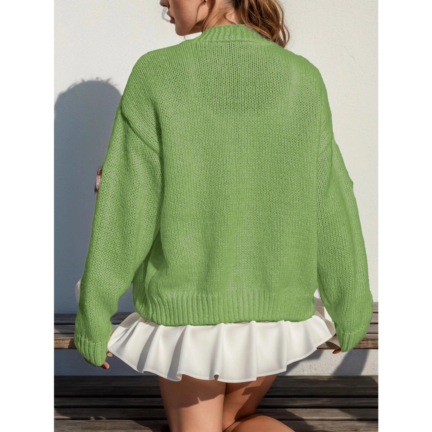 Kylie Green V Neck Floral Patch Button Front Cardigan