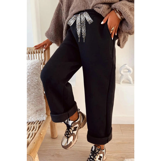 Lachelle Black Fleece Lined Leopard Drawstring Elastic Waist Solid Pants