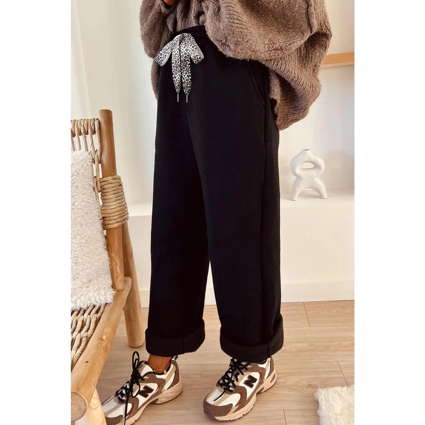 Lachelle Black Fleece Lined Leopard Drawstring Elastic Waist Solid Pants