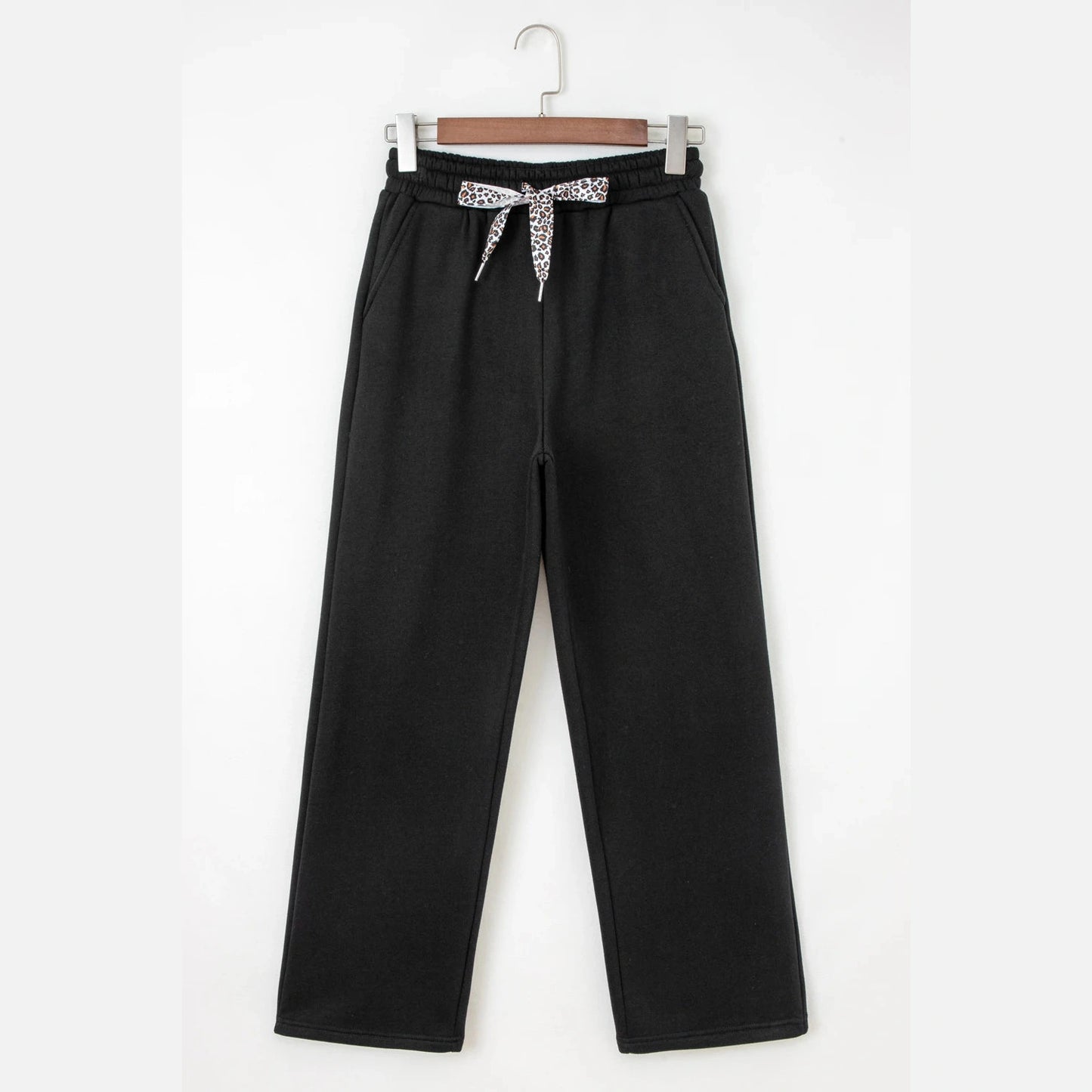 Lachelle Black Fleece Lined Leopard Drawstring Elastic Waist Solid Pants