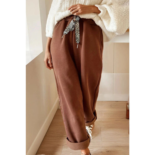 Lachelle Coffee Fleece Lined Leopard Drawstring Elastic Waist Solid Pants