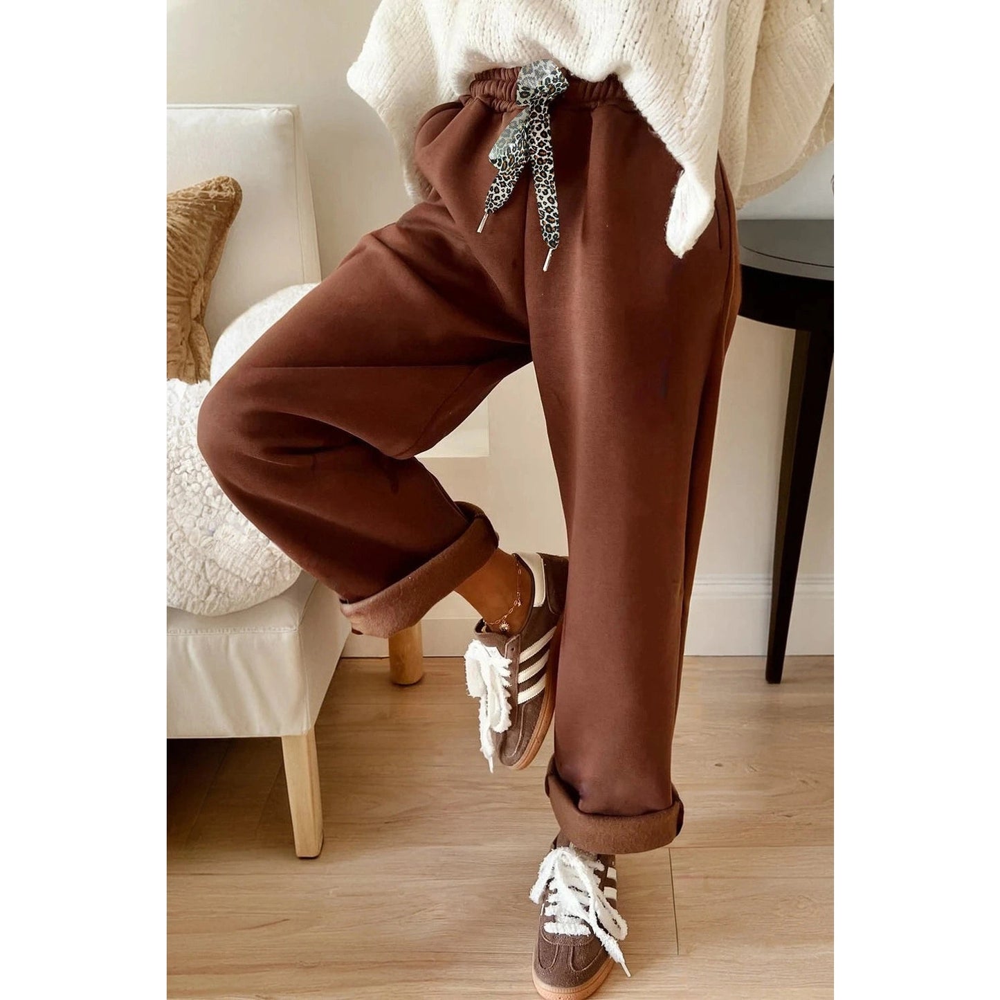 Lachelle Coffee Fleece Lined Leopard Drawstring Elastic Waist Solid Pants