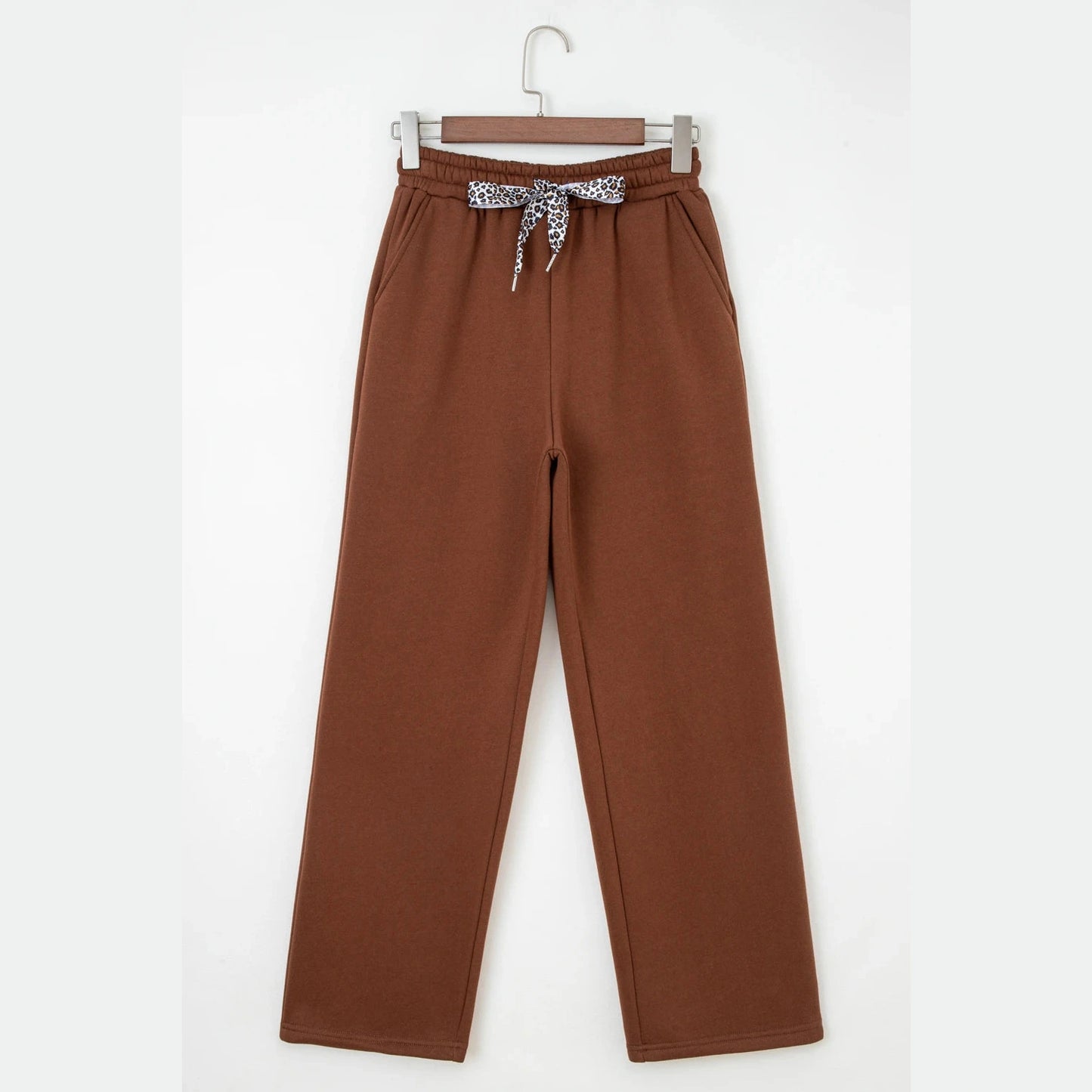 Lachelle Coffee Fleece Lined Leopard Drawstring Elastic Waist Solid Pants