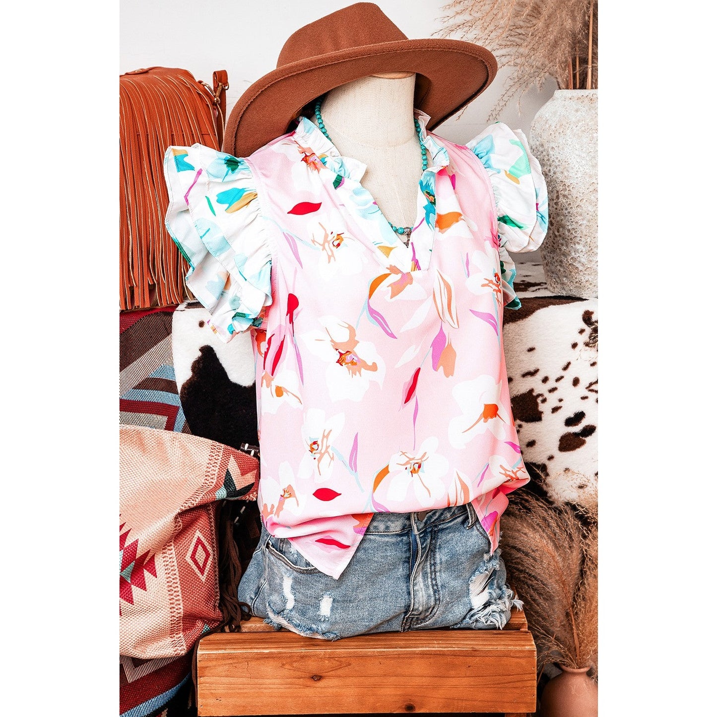 Laquitta Floral Patchwork Notched Neck Flutter Sleeve Blouse