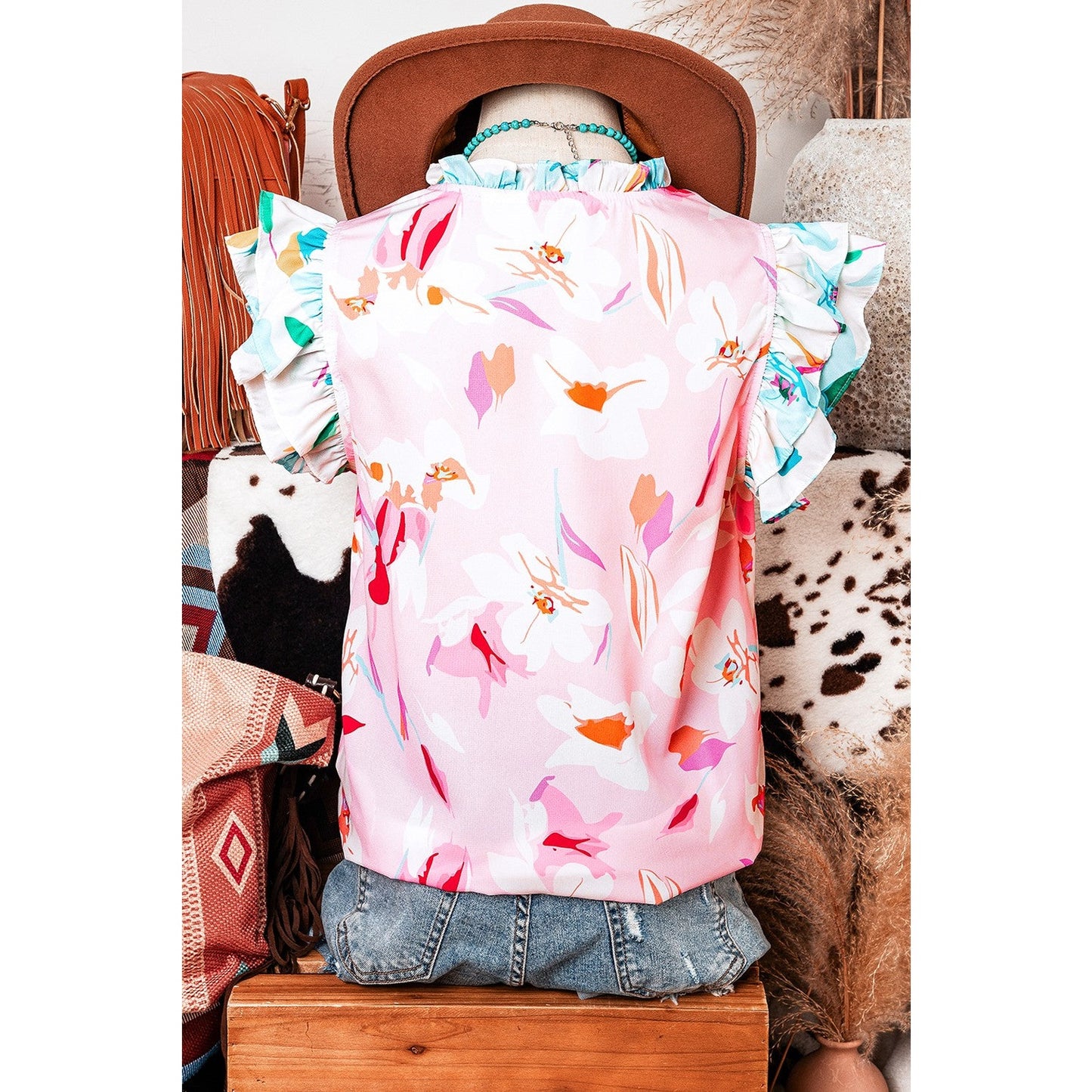 Laquitta Floral Patchwork Notched Neck Flutter Sleeve Blouse