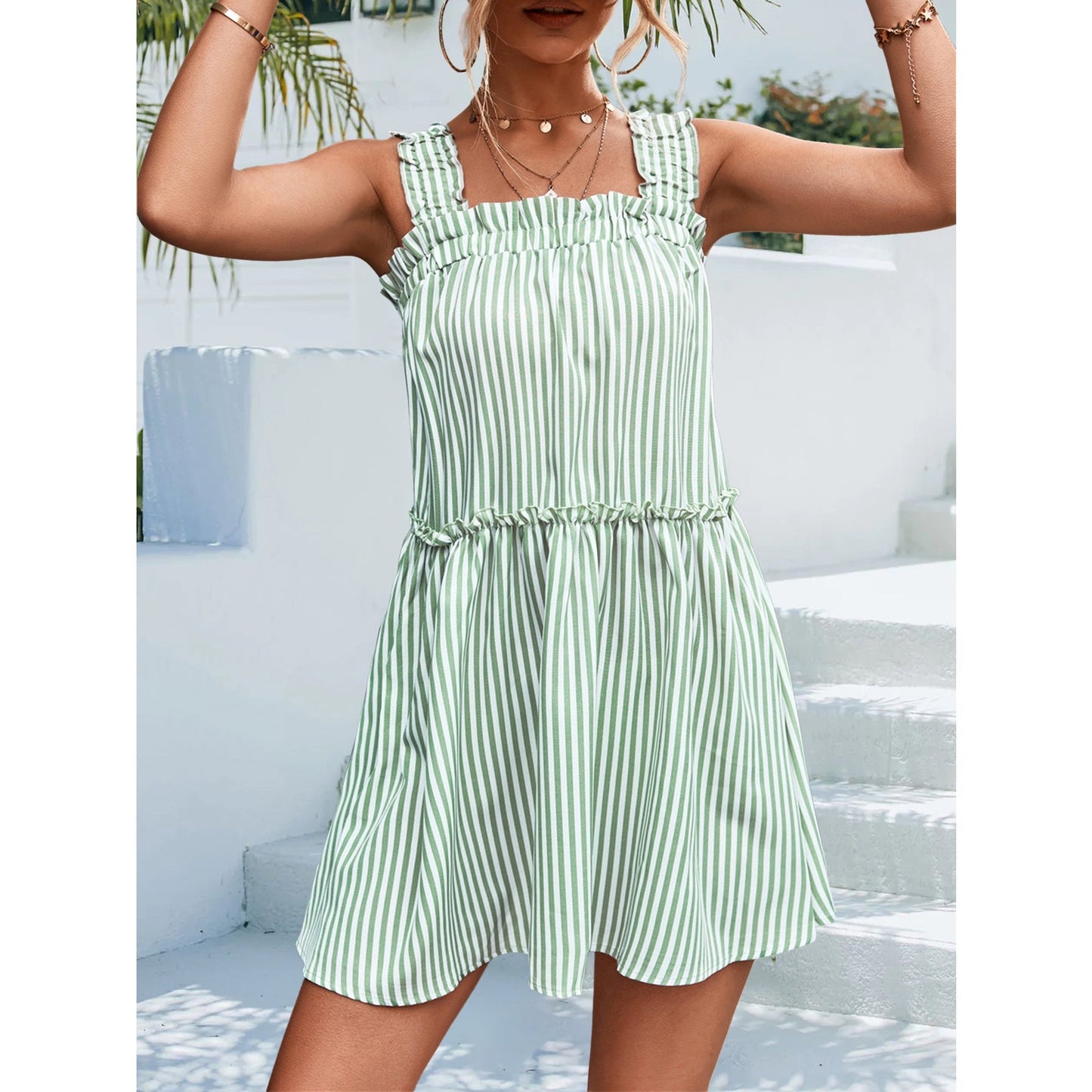 Larsa Green Striped Ruffled Mini Dress