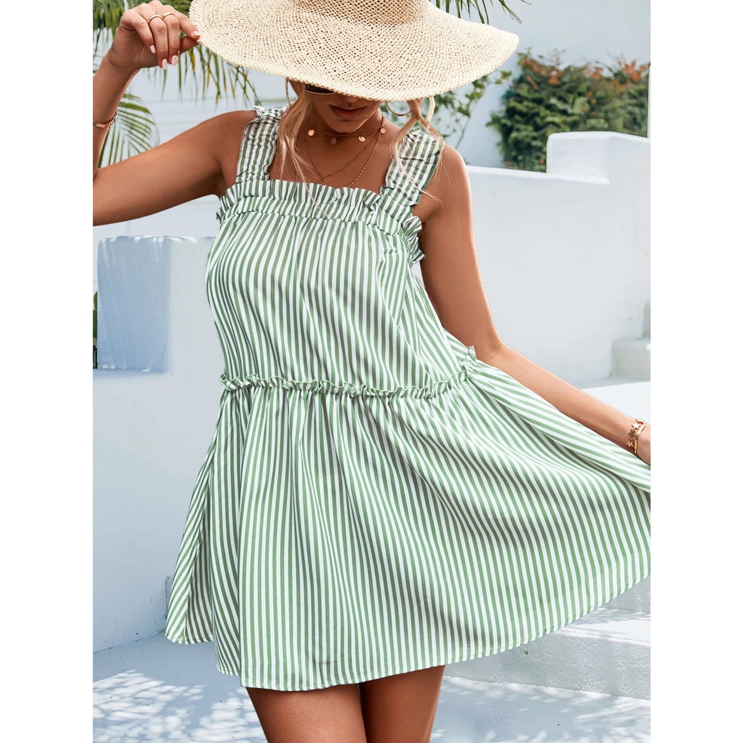 Larsa Green Striped Ruffled Mini Dress