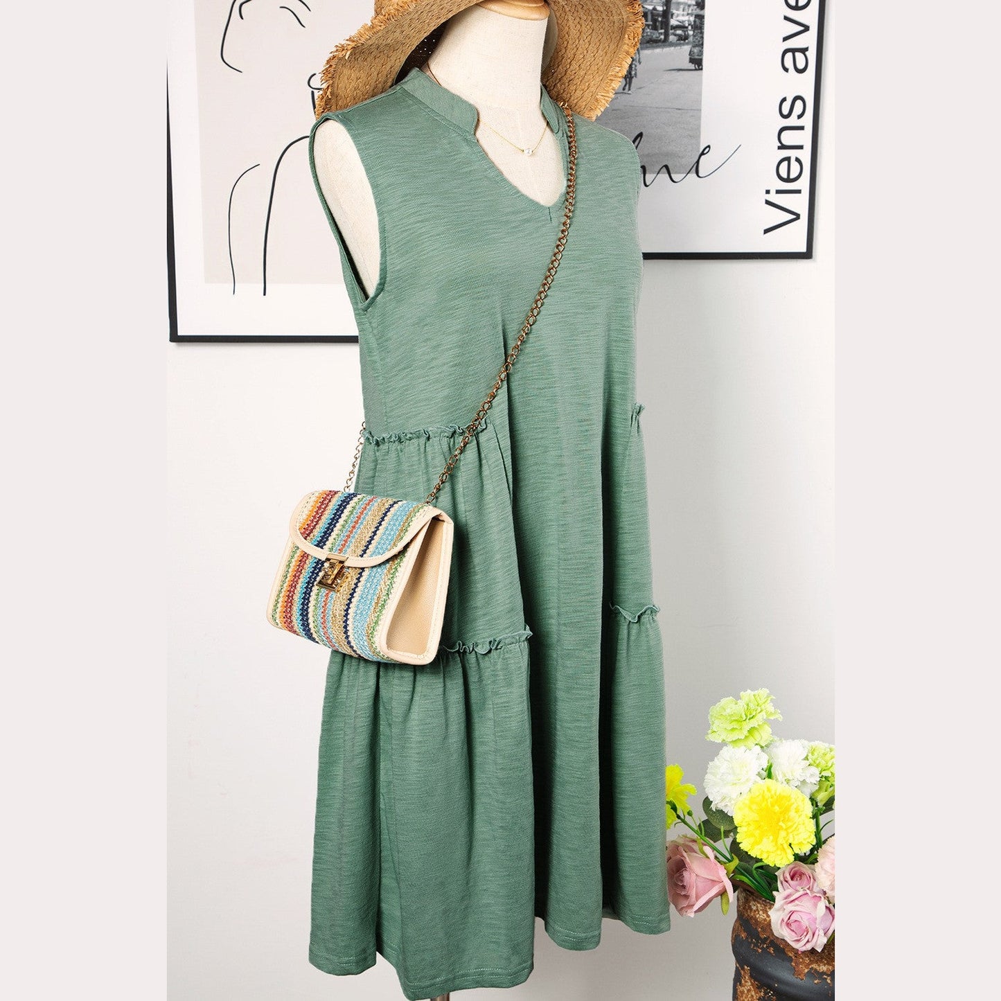 Laura Moonlight Jade Split V Neck Tiered Flowy Sleeveless Dress