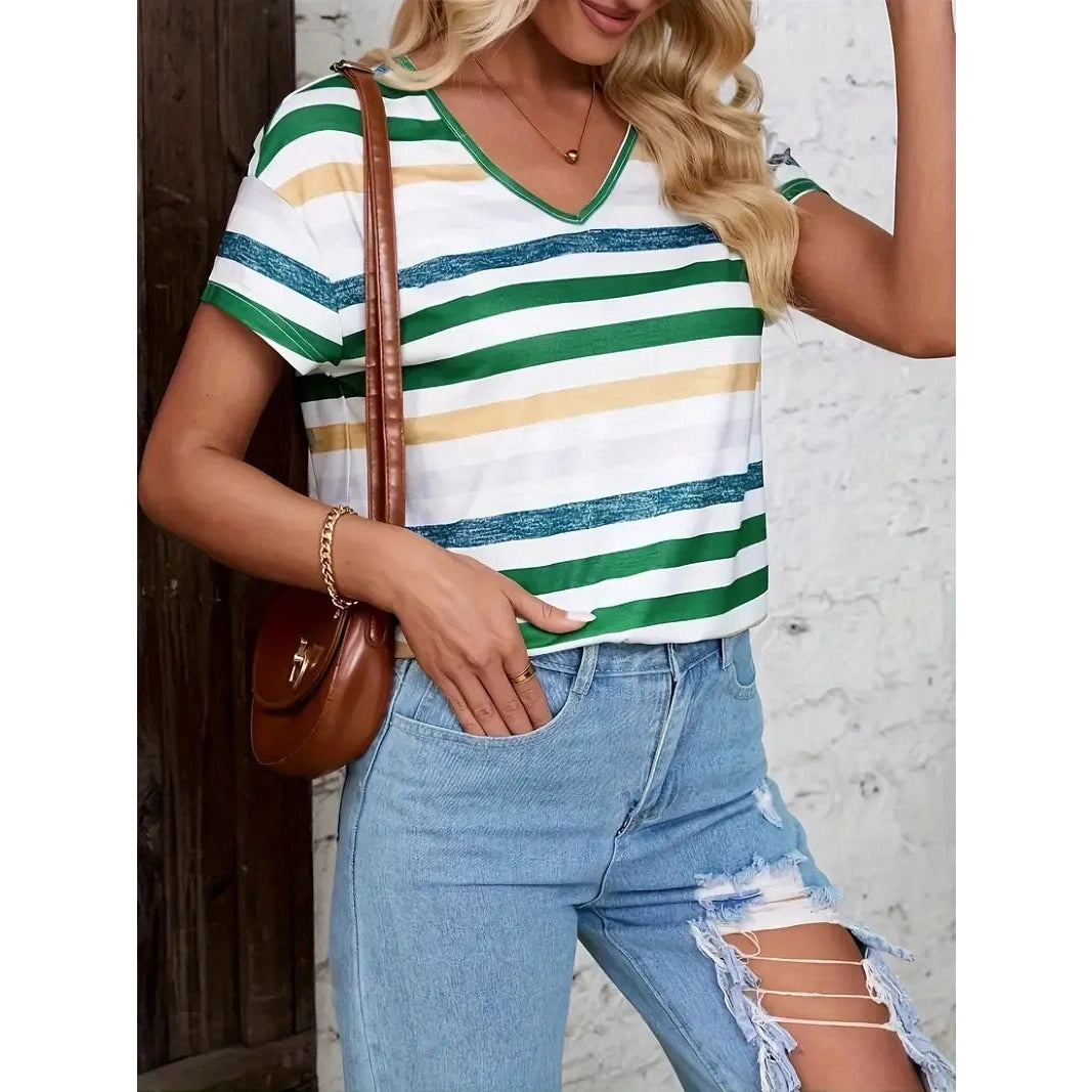 Laura V Neck Striped Short Sleeve Tee