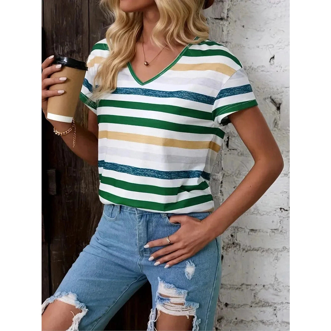 Laura V Neck Striped Short Sleeve Tee