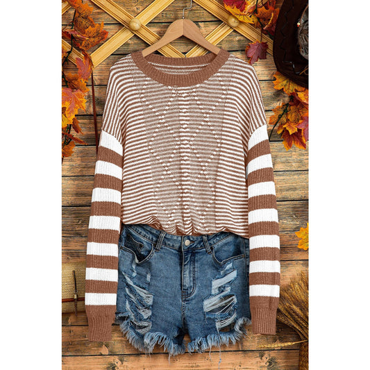 Laverna Brown Stripe Geometric Textured Drop Shoulder Sweater