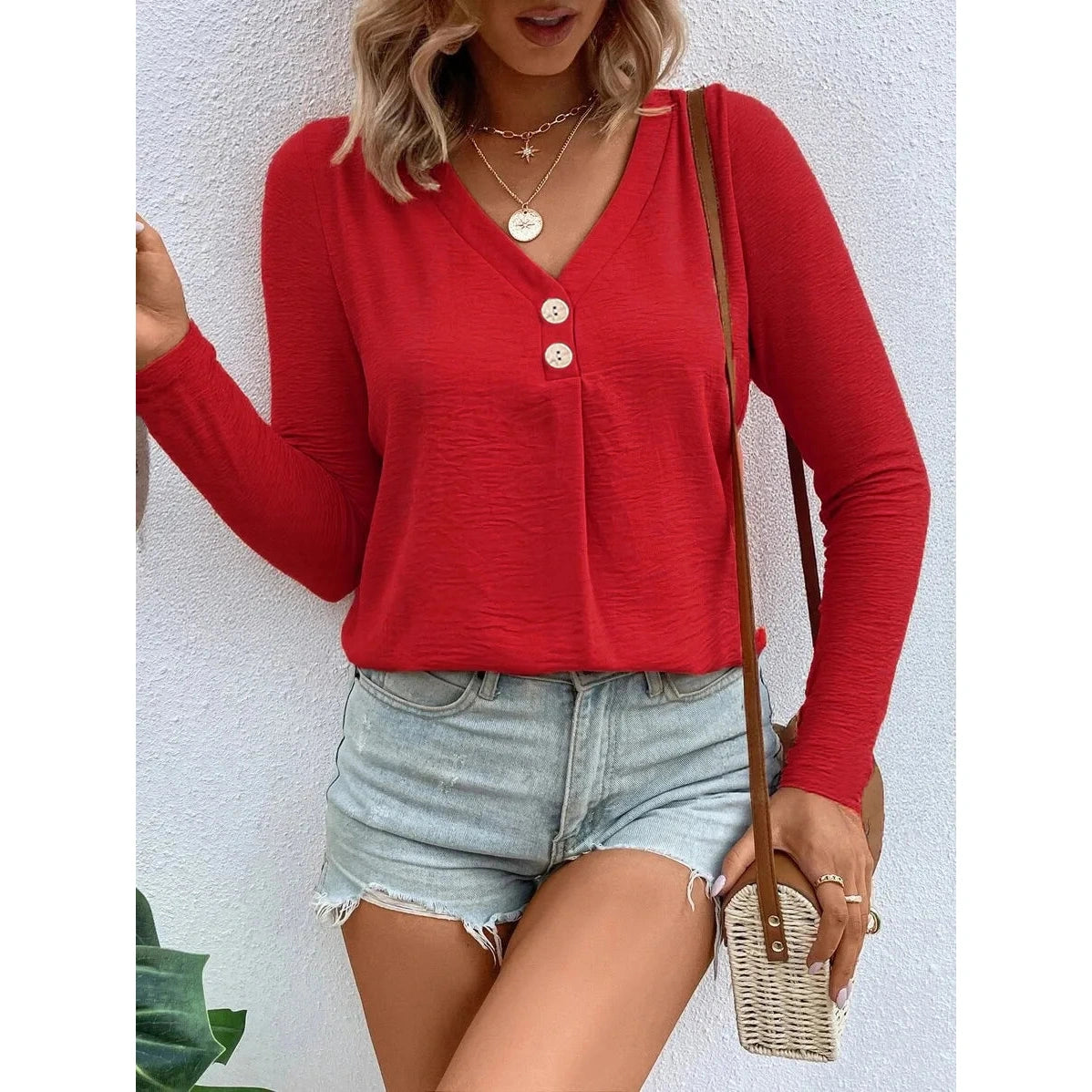 Leanna Red V Neck Faux Button Blouse