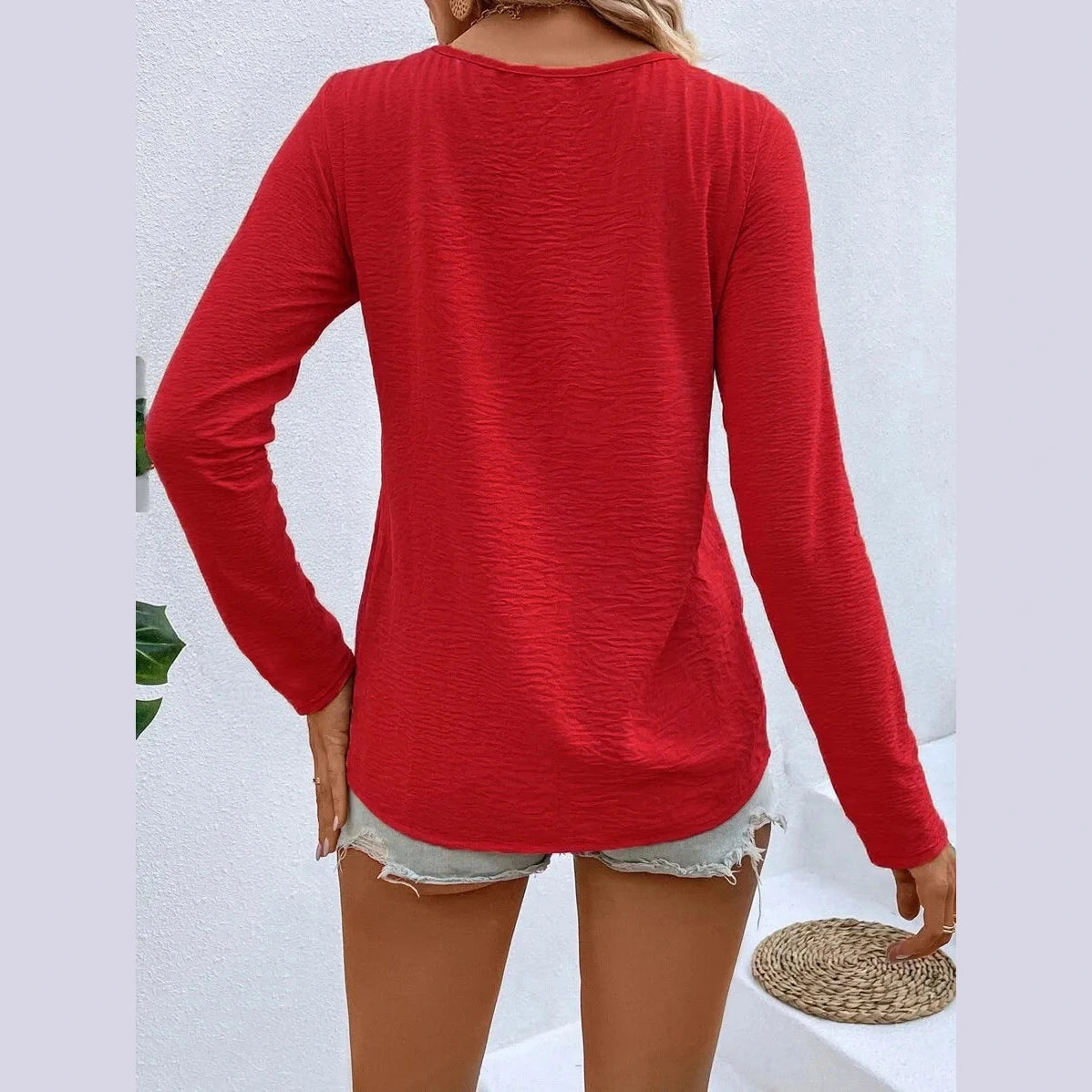 Leanna Red V Neck Faux Button Blouse