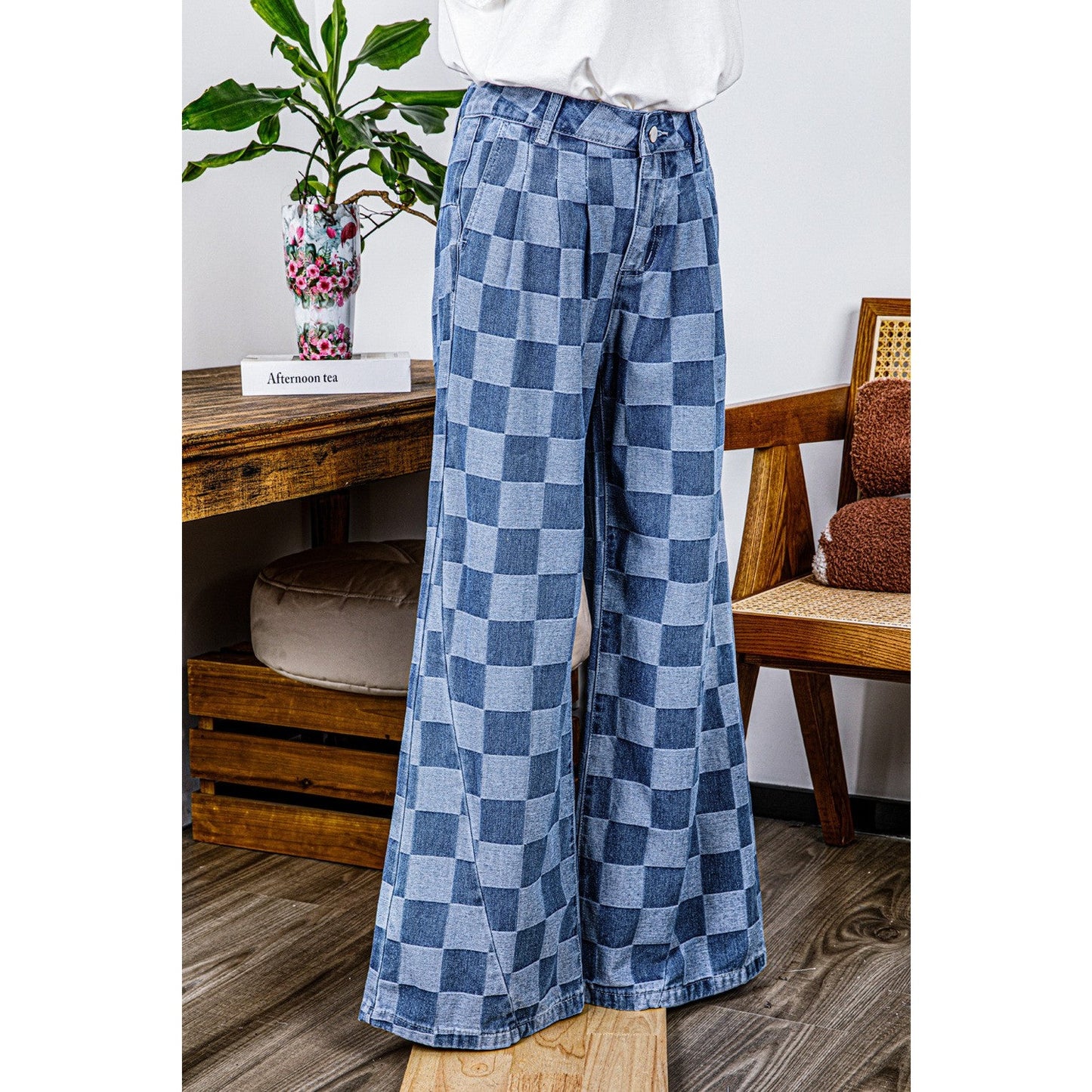 Leddi Dusk Blue Checkered Denim Wide Leg Jeans