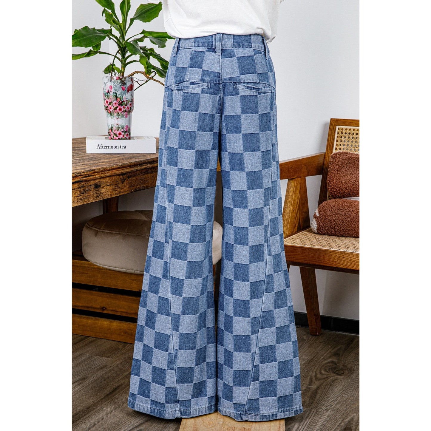 Leddi Dusk Blue Checkered Denim Wide Leg Jeans